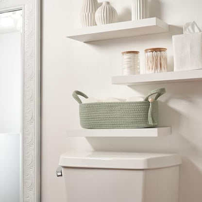 Decorative Toilet Paper Basket – Beautiful Bathroom Organizer for Toilet Tank Storage Decor – Boho Cotton Rope Bin with Tassel for Bathroom Accessories and as Shelf Decor (sage Green)