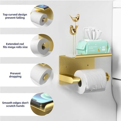 GLNLQ Brushed Gold Toilet Paper Holder Wall Mount, Adhesive or Screw-in
