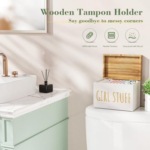 Wooden Tampon Holder, Glossy White, Hinged Lid Organizer