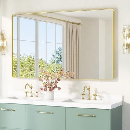 TETOTE Brushed Gold Mirror 60 x 36 Gold Metal Framed Bathroom Mirror, Tempered Glass, Modern Farmhouse Wall Mounted Mirror for Decorative(Horizontal/Vertical)