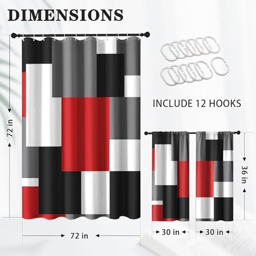 Shower Curtain Set, for Bathroom Decor 72" x 72", Geometric Red