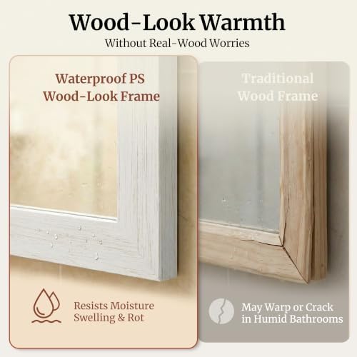 Distressed White 24x36 Inch Wood-Grain Rectangular Wall Mirror
