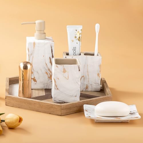 RQYIXI Ceramic Bathroom Accessories Set,Gold,4 Piece,Marble Design