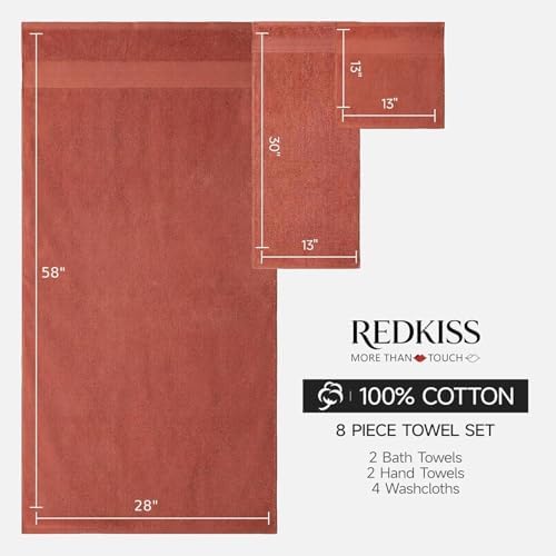 REDKISS 8 Piece Burnt Orange Towels Set, 100% Cotton, 600 GSM