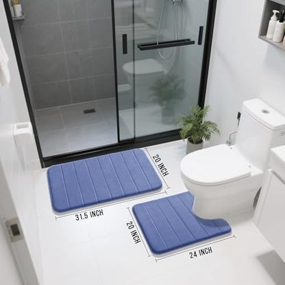 Yimobra Memory Foam Bathroom Mat Set, 31.5 x 20 & 24 x 20 in, Navy Blue