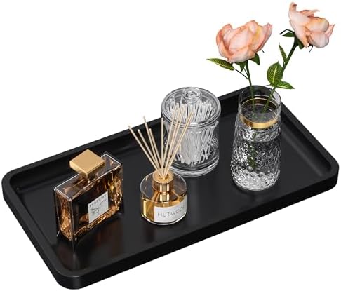 Bathroom Vanity Tray for Countertop - Bamboo Organizer Tray for Dresser Tops, Toilet, Perfume Small Decorative Tray Wood Tray for Home Decoration 11.81” L x 6.1” W x 0.79” H Black