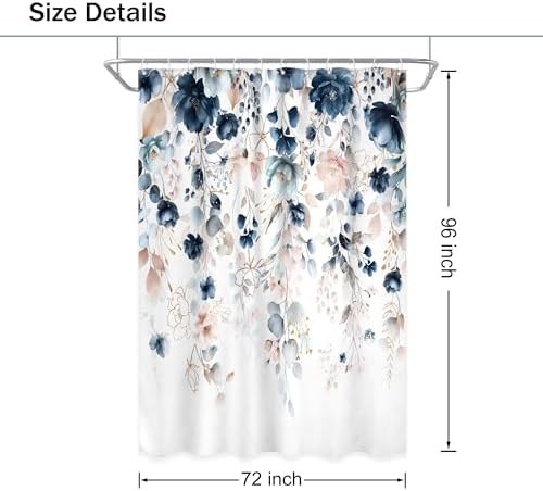 Blue Pink Floral Extra Long Watercolor Bathroom Shower Curtain Set