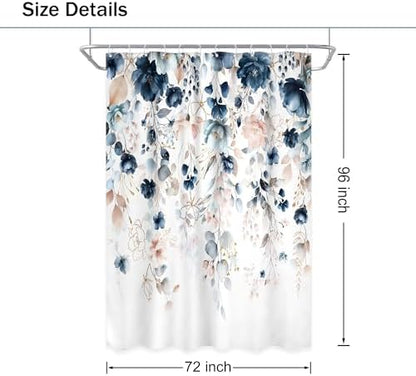 Blue Pink Floral Extra Long Watercolor Bathroom Shower Curtain Set