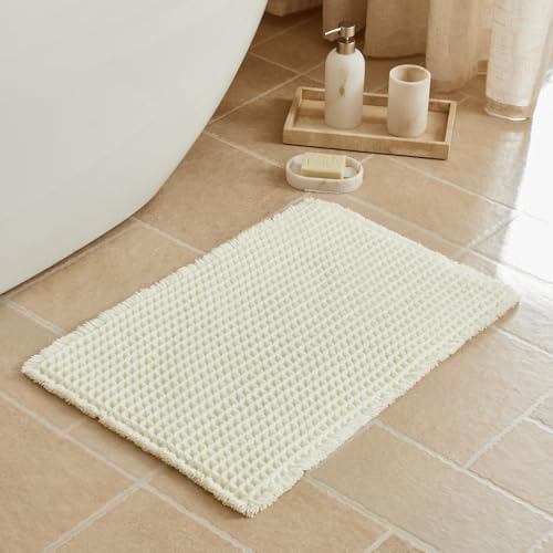 Triohero Cream White Waffle Bath Mat, Boho Bathroom Rugs Non Slip, 20x30