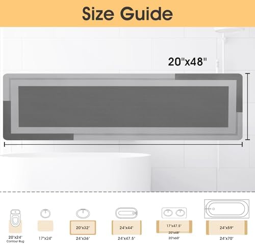 ACCUMTEK Non Slip Bath Mat, Thin Bathroom Rugs Fit Under Door, Quick Dry Bath Mats, Machine Washable Bath Rugs for Bathroom, Bathtub & Kitchen, Grey/Bordered/48 x20