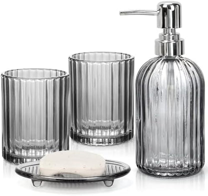Bathroom Accessories Set, 4Pcs Black Grey Glass Bathroom Accessories Sets Complete Lotion Soap Dispenser, Toothbrush Holder, Mouthwash Cup, Soap Dish for Bathroom Decor, Countertop Organizer
