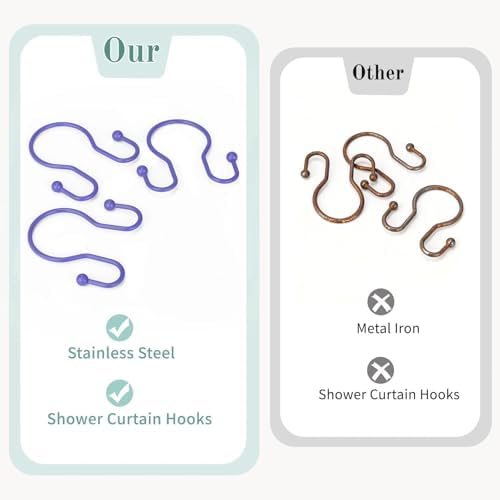 Goowin Shower Curtain Hooks, 12 Pcs Shower Curtain Rings, Stainless Steel Shower Curtain Hangers, Metal Shower Curtain Hooks Rings Rust Proof, Minimalist Shower Hooks for Shower Curtain, Purple