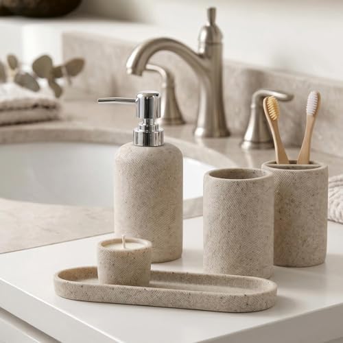 Bathroom Accessories Set,4 PCS Bathroom Organizer,Sand Stone Look,Beige