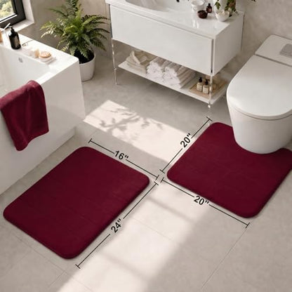 2 Piece Memory Foam Bath Mat Set, Extra Soft Absorbent Bathroom Rugs with U-Shaped Toilet Rug, Non-Slip Backing, Machine Washable, 24x16 + 20x20 U-Shaped, Burgundy