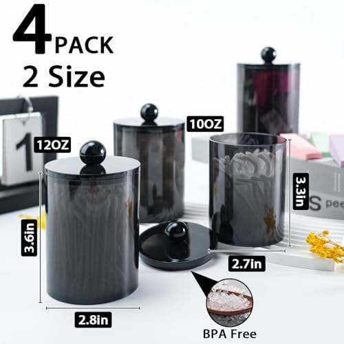 4 Pcs Acrylic Qtip Holder, Cotton Ball Holder Jars with Lids, Black