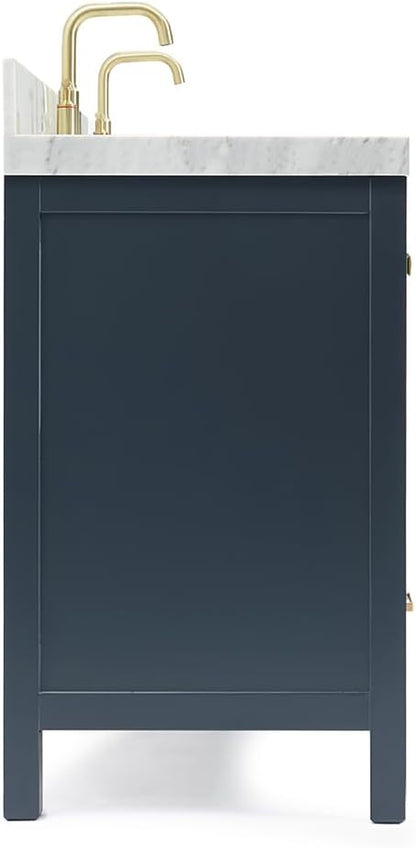 ARIEL Cambridge 72-inch Bathroom Vanity with Sink,Solid Wood, 2-inch Italian Carrara Marble Countertop, Double Oval Porcelain Sink, 4 Soft Closing Doors, 6 Dovetail Drawers, Midnight Blue
