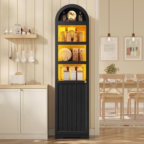 UPOSOJA 72" Tall Arched Narrow Bathroom Storage Cabinet with Lights, Slim Storage Cabinet with Adjustable Shelves for Small Spaces, Farmhouse Style (Black)