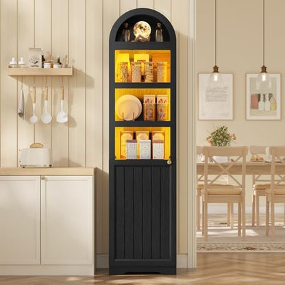 UPOSOJA 72" Tall Arched Narrow Bathroom Storage Cabinet with Lights, Slim Storage Cabinet with Adjustable Shelves for Small Spaces, Farmhouse Style (Black)