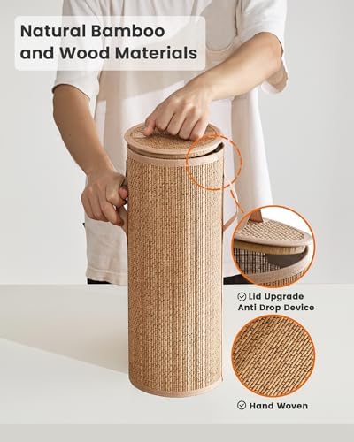 Bamboo Toilet Paper Storage Basket with Lid & Handle - 10L Handwoven Bathroom Organizer for 4 Rolls - Sturdy Stand Holder for Toilet Paper Organization, Carbon Brown