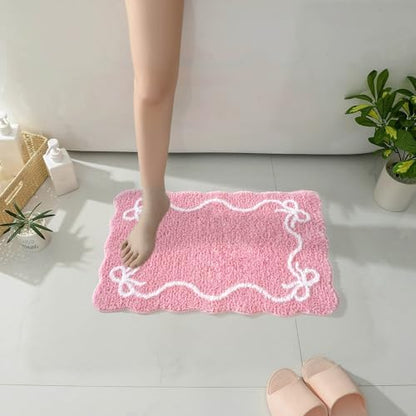 Mocsicka Pink Bow Bath Mat Cute Bow Bathroom Rug Super Soft Absorbent Bathroom Rugs Non Slip Bath Mat Machine Washable Rug for Bathrooms 16x24 inches (Pink, 40x60cm)