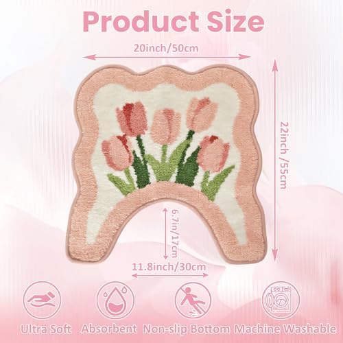 Tulip Flower U-Shaped Toilet Mat, Romantic Floral Non-Slip Bath Rug with Wave Edge Design, Soft Absorbent Microfiber Floor Mat for Toilet Base, Machine Washable Bathroom Decor (U-Shaped Pink)
