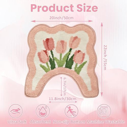 Tulip Flower U-Shaped Toilet Mat, Romantic Floral Non-Slip Bath Rug with Wave Edge Design, Soft Absorbent Microfiber Floor Mat for Toilet Base, Machine Washable Bathroom Decor (U-Shaped Pink)