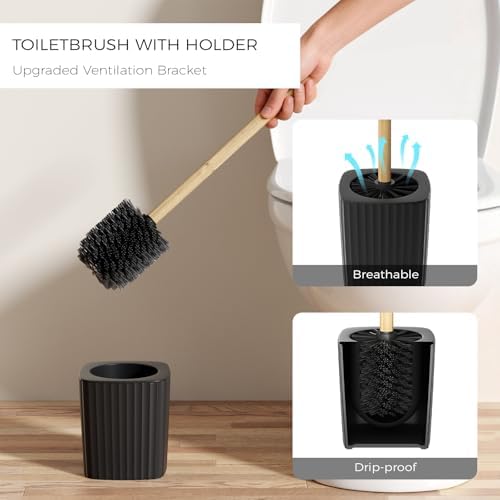 Black Bathroom Accessories Set, Unbreakable Bathroom Set, Trash Can, Toilet Brush with Holder, Soap Dispenser, Toothbrush and Toothpaste Holder, Tumbler, Soap Dish, Qtip Holders, Tray, Bamboo Decor
