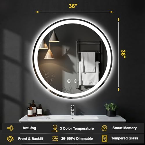 Round LED Bathroom Mirror with Lights, 36 Inch Circle Lighted Vanity Mirror