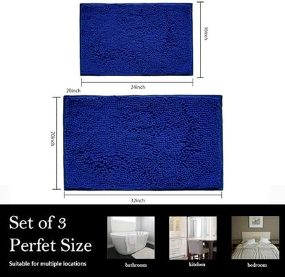 Bathroom Rugs Chenille Bath mat 2 Piece Set, Super Absorbent, PVC Non Slip Backing, Bath mats for Bathroom, Plush Shaggy, Thick, Machine Washable, Bathtub, Shower, Toilet.(Royal Blue)