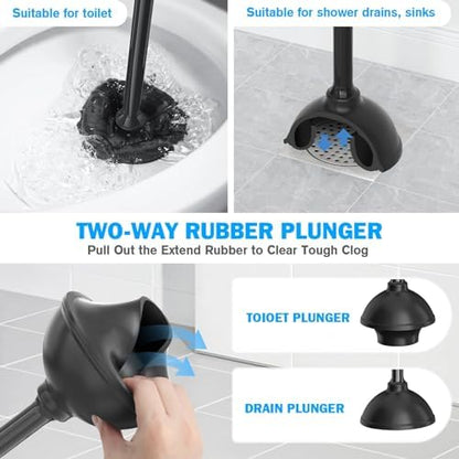 Toilet Plunger and Brush Set, Bowl Brush and Heavy Duty Toilet Plunger with Ventilated Holder, 2-in-1 Toilet Brush and Plunger Combo for Bathroom Deeply Cleaning（Black）