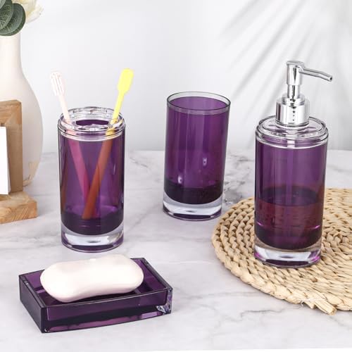5 Pcs Purple Acrylic Bathroom Accessories Set Complete,Lotion/Soap Dispenser,Soap Dish,Toothbrush Holder, Tumbler,Toilet Brush and Holder,Modern Bathroom Decor and Housewarming Gift Set (Dark Purple)