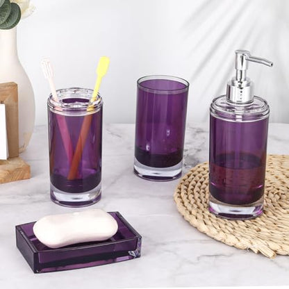 5 Pcs Purple Acrylic Bathroom Accessories Set Complete,Lotion/Soap Dispenser,Soap Dish,Toothbrush Holder, Tumbler,Toilet Brush and Holder,Modern Bathroom Decor and Housewarming Gift Set (Dark Purple)