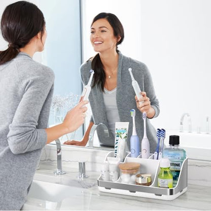 GFWARE Toothbrush Holders for Bathrooms Countertop Organizer - Kids Electric Toothbrush and Toothpaste Holder Detachable 7 Slots Tooth Brush Organization Bathroom Accessories Storage Vanity, Silver