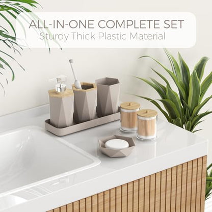 Bathroom Accessories Set - Beige Bathroom Set with Shower Curtain and Rugs, Trash Can, Toilet Brush with Holder, Soap Dispenser, Toothbrush and Toothpaste Holder, Cup, Soap Dish, Qtip Holders, Tray