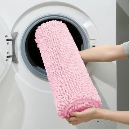 HOMEIDEAS Light Pink Chenille Bathroom Rugs Set of 3, Non Slip Bath Mat
