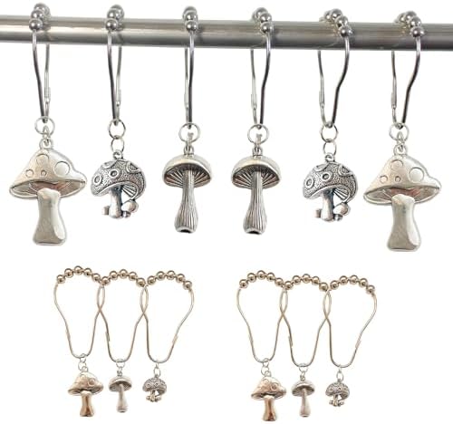 Mushroom Shower Curtain Hooks, 12Pcs Rustproof Metal Cute Retro Mushroom Shower Curtain Hooks Rings for Boho Fairy Forest Country Cottagecore Style Home Bathroom Decor (Silvery)