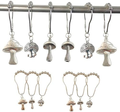Mushroom Shower Curtain Hooks, 12Pcs Rustproof Metal Cute Retro Mushroom Shower Curtain Hooks Rings for Boho Fairy Forest Country Cottagecore Style Home Bathroom Decor (Silvery)