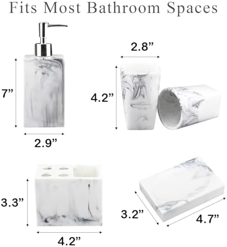 5 Piece Bathroom Accessories Set, Marble Resin Bathroom Vanity Set, Soap Dispenser, Toothbrush Holder, Soap Dish & 2 Tumblers, Bathroom Countertop Organizer Set (Ink White)