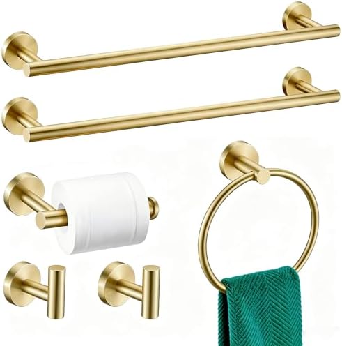 6 Pieces Brushed Gold Bathroom Hardware Accessories Set, SUS304 Stainless Steel 24 Inch Bath Towel Bar Set, Round Bathroom Towel Holder Set, Towel Racks for Bathroom Wall Mounted