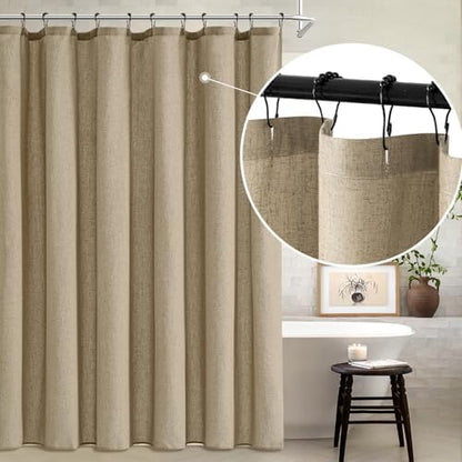 MIULEE Linen Buttonhole Fabric Shower Curtain Khaki W72*L80 12 Metal Hooks