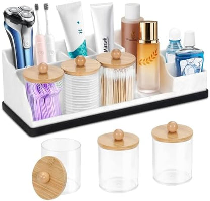 Bathroom Organizer Countertop, White Silicone Toothbrush Holders for Bathrooms with 3PCS Qtip Holder Dispenser, Toothbrush and Toothpaste Holder for Bathroom Counter Organization Storage Vanity