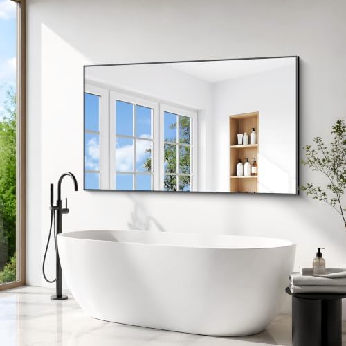 BONEWEI Bathroom Mirror,66x40 inch Large Wall Mirror for Bathroom Wall Mounted Black Rectangle Corner Mirrors,Black Bathroom Mirror for Living Room,Farmhouse,Bedroom Entryway,Horizontal/Vertical