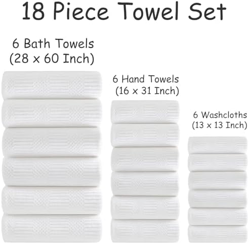 18 Pcs White Woven Family Towels Set-6 Bath Sheets,6 Hand Towels,6 Washcloths Soft Polyester Towels Absorbent Shower Towel Quick Dry Beach Chair Towel Lint Less Towels Set for Bathroom Spa Gym Hotel