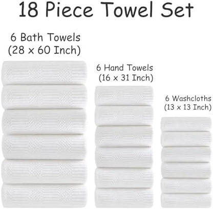18 Pcs White Woven Family Towels Set-6 Bath Sheets,6 Hand Towels,6 Washcloths Soft Polyester Towels Absorbent Shower Towel Quick Dry Beach Chair Towel Lint Less Towels Set for Bathroom Spa Gym Hotel
