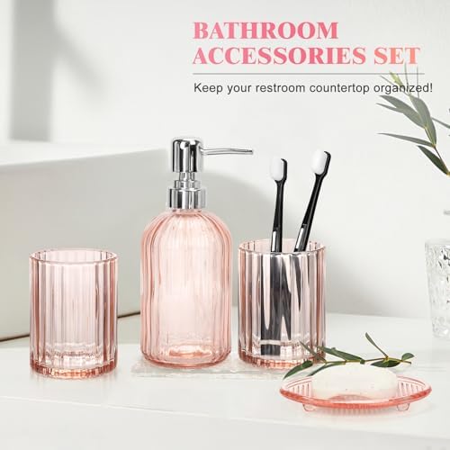 Glass Bathroom Accessories Set, 4Pcs Bathroom Accessories Sets Complete Lotion Soap Dispenser, Toothbrush Holder, Mouthwash Cup, Soap Dish for Bath Decor, Countertop Vanity Organizer (Pink)