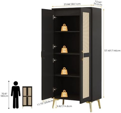 JASIWAY Tall Bathroom Storage Cabinet 57" Rattan Pantry Cabinet, Black