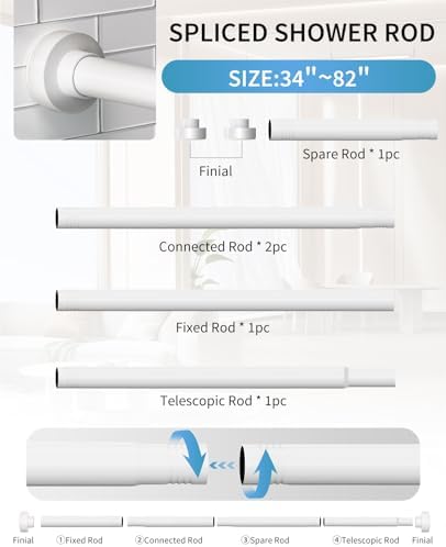 White Shower Curtain Rod 34-82 Inch(2.8-6.8ft) Adjustable Shower Rod