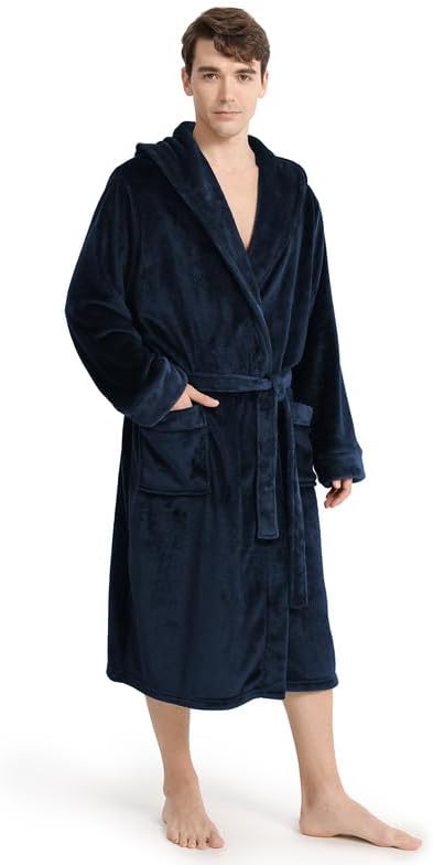Yurhap Luxury Mens Robe with Hood, Ultra Cozy Fleece Bathrobe for Men, Plush Hooded Robe with Belt & 2 Pockets