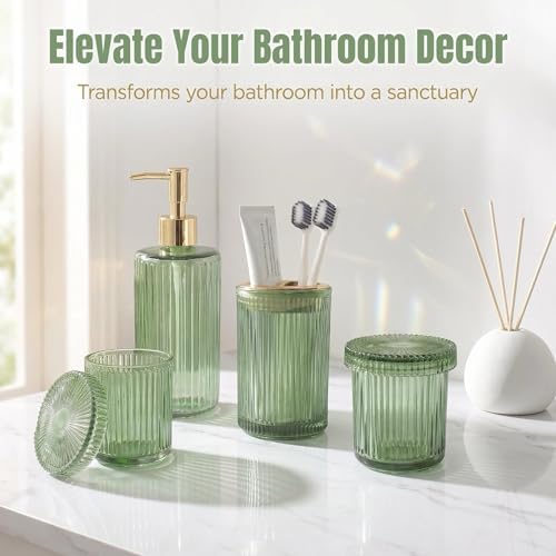 Green Bathroom Accessories Set 4 Pcs, Glass Bathroom Set