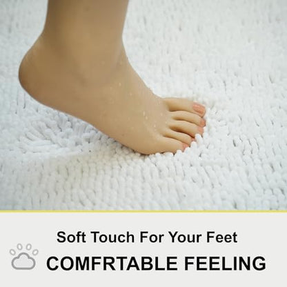 White Bathroom Rugs Chenille 3-Piece Extra Soft and Absorbent Shag White Bath Mat, Machine Wash Mat, Strong PVC Non-Slip Underside, Plush Carpet Mats